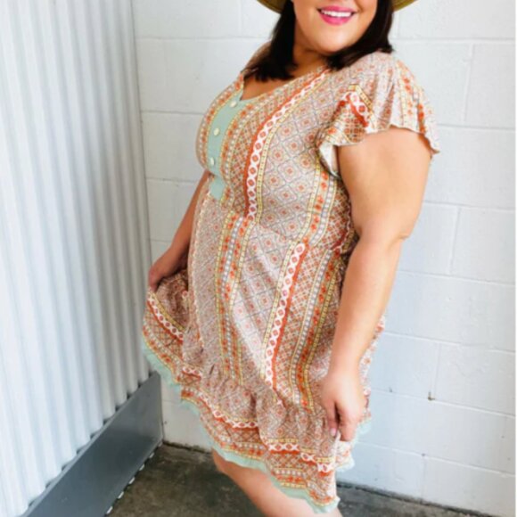 HAPTICS Sage Boho Floral Button Detail V Neck Ruffle Dress 3X - Picture 4 of 5